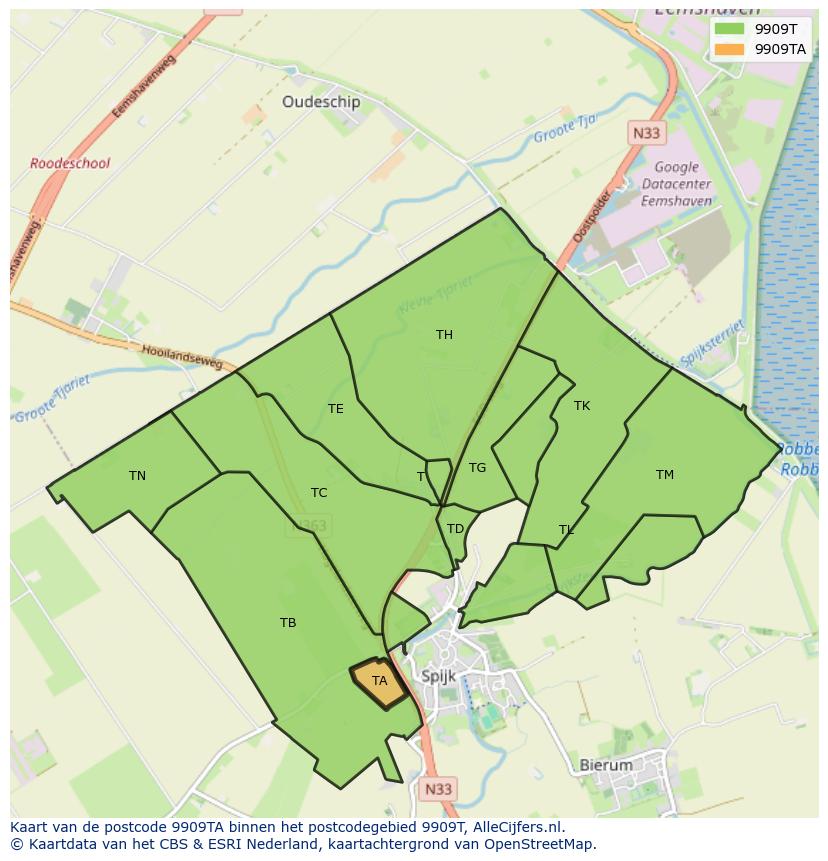 Afbeelding van het postcodegebied 9909 TA op de kaart.