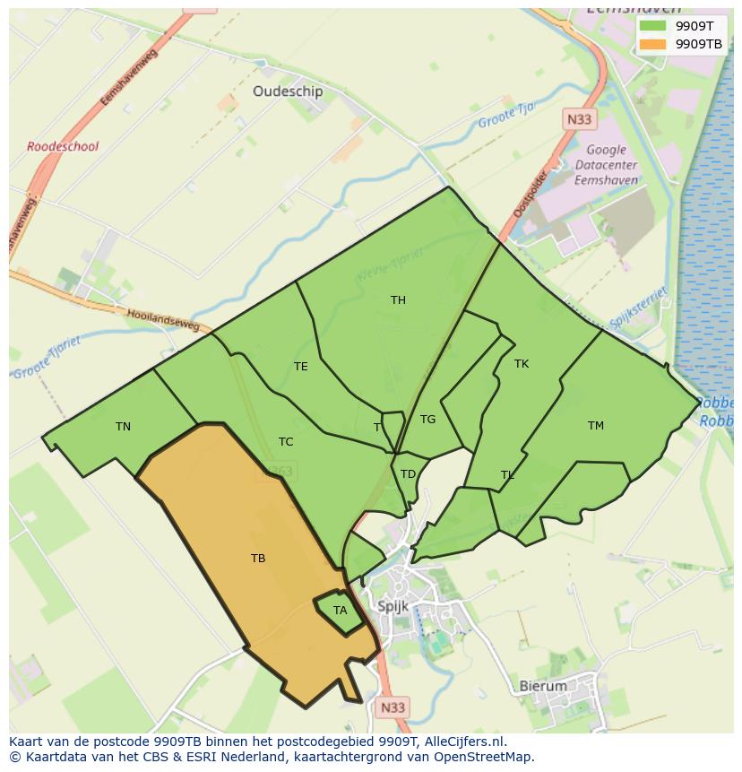 Afbeelding van het postcodegebied 9909 TB op de kaart.