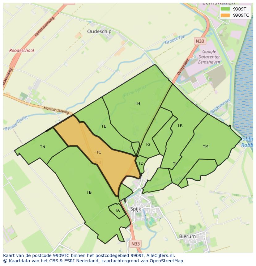 Afbeelding van het postcodegebied 9909 TC op de kaart.