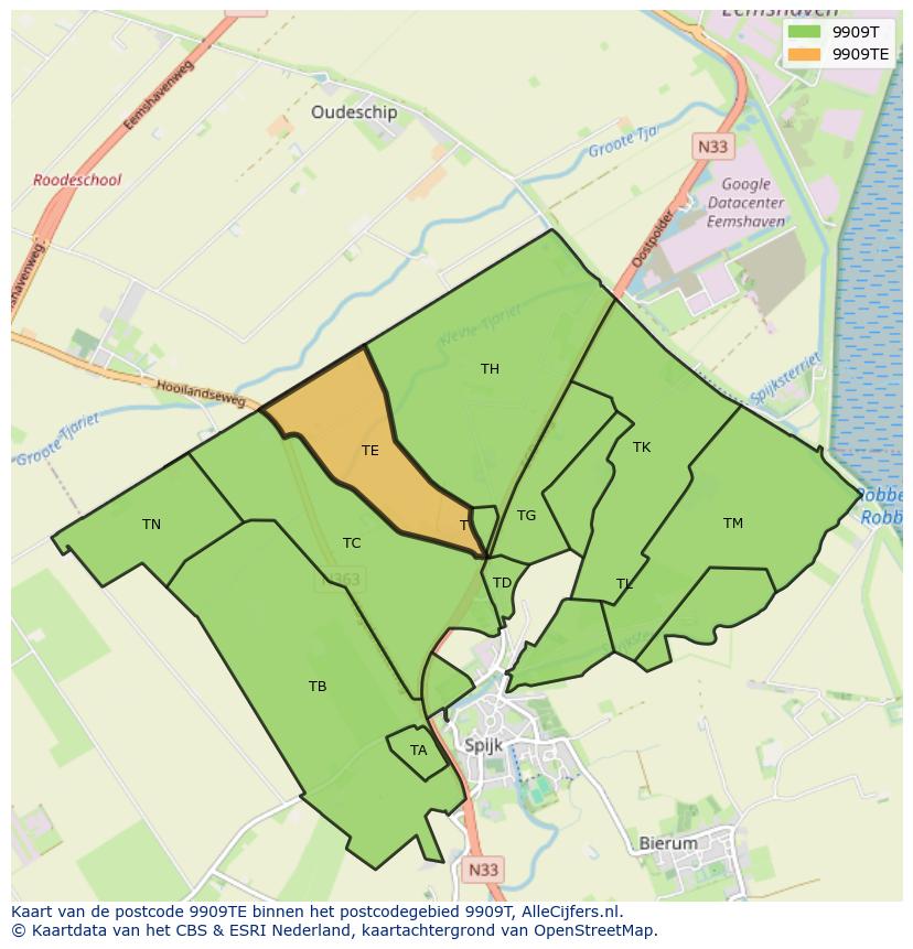 Afbeelding van het postcodegebied 9909 TE op de kaart.
