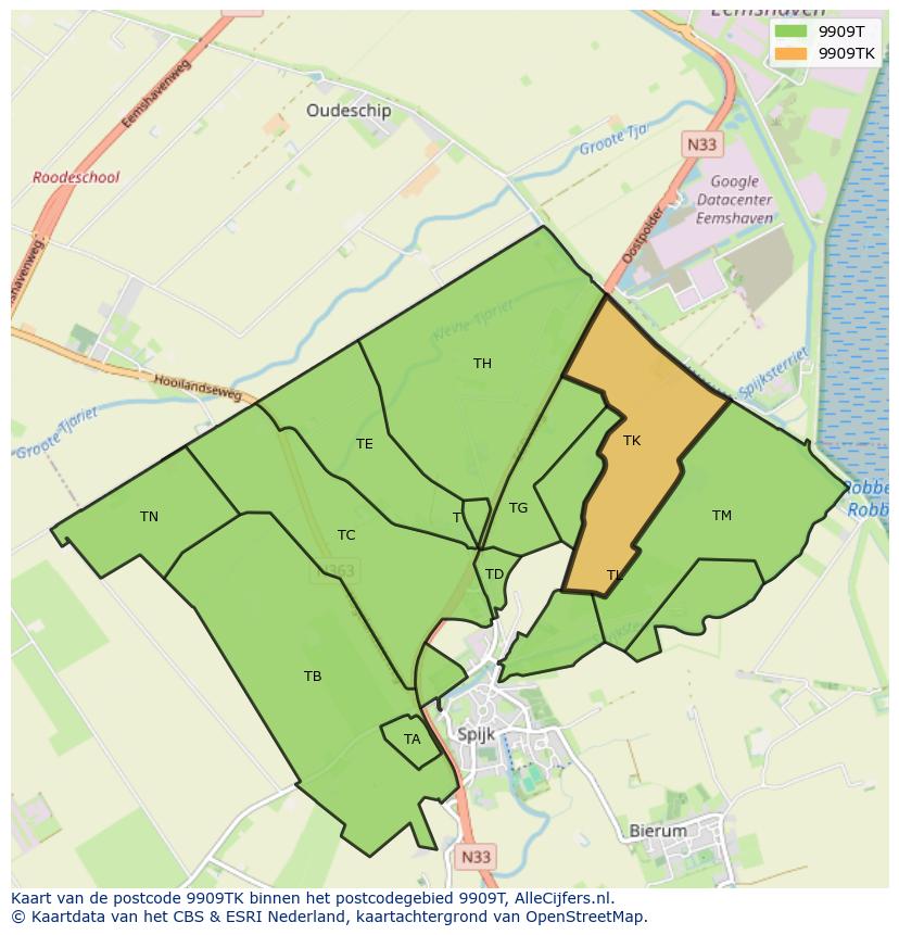 Afbeelding van het postcodegebied 9909 TK op de kaart.