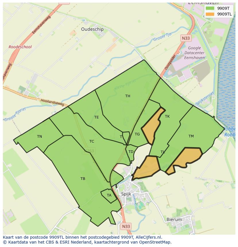 Afbeelding van het postcodegebied 9909 TL op de kaart.