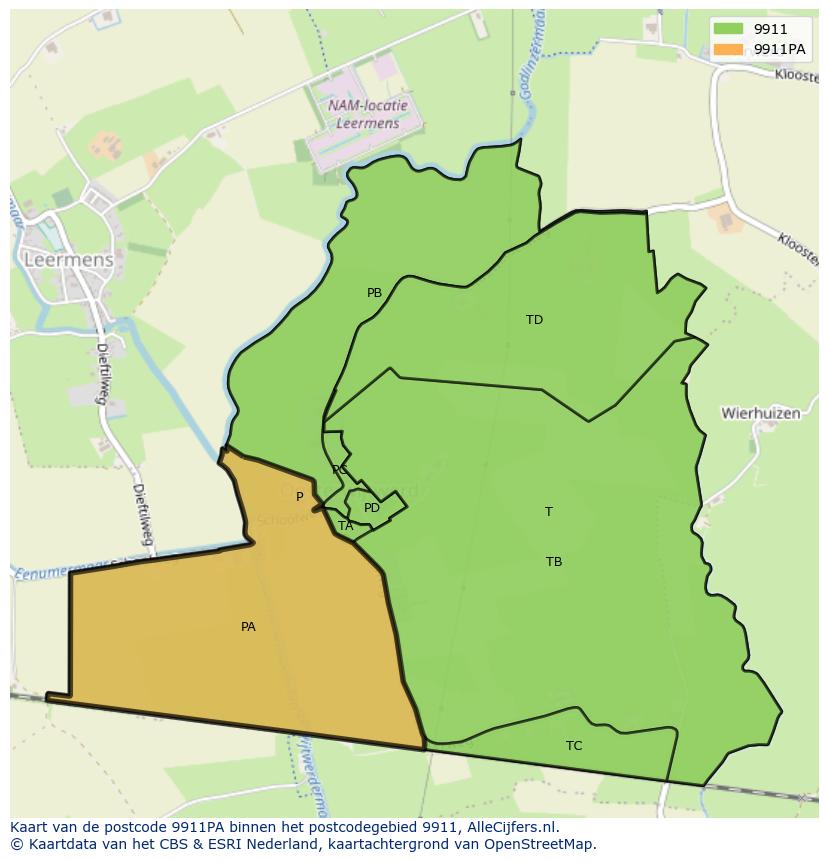 Afbeelding van het postcodegebied 9911 PA op de kaart.