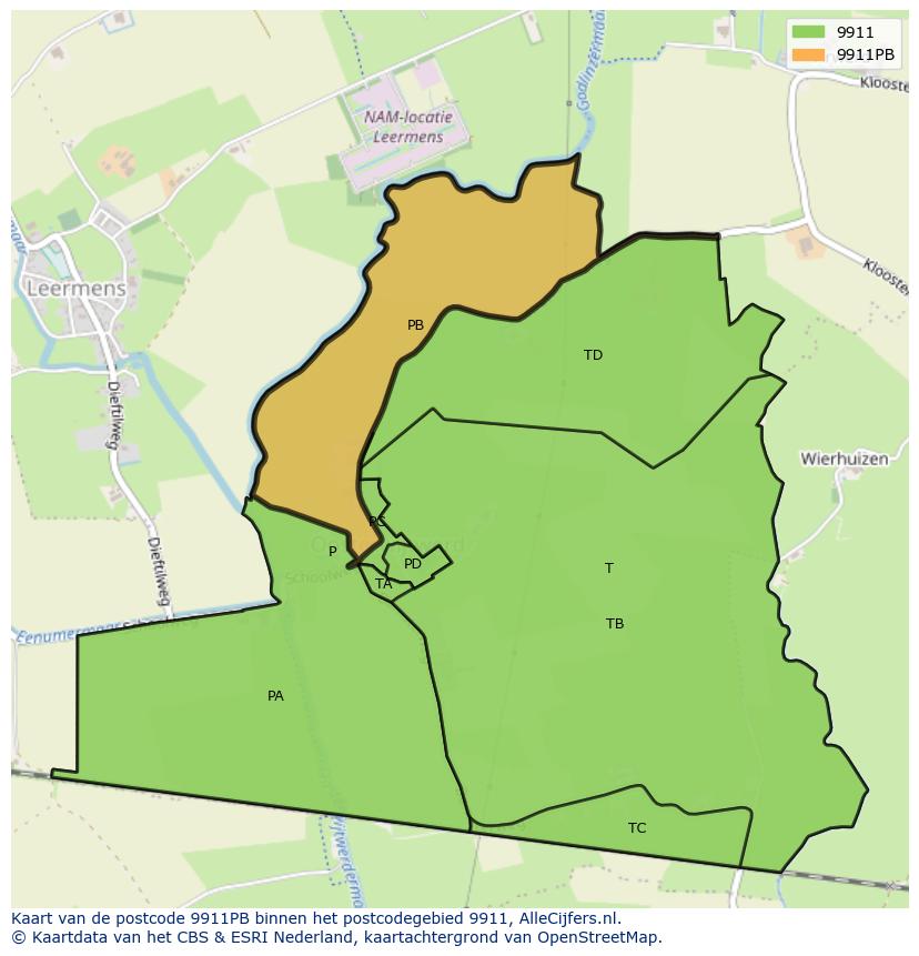 Afbeelding van het postcodegebied 9911 PB op de kaart.