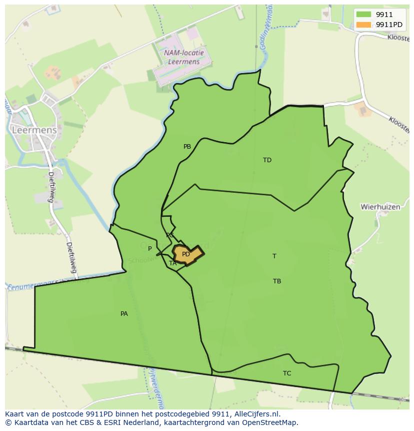 Afbeelding van het postcodegebied 9911 PD op de kaart.