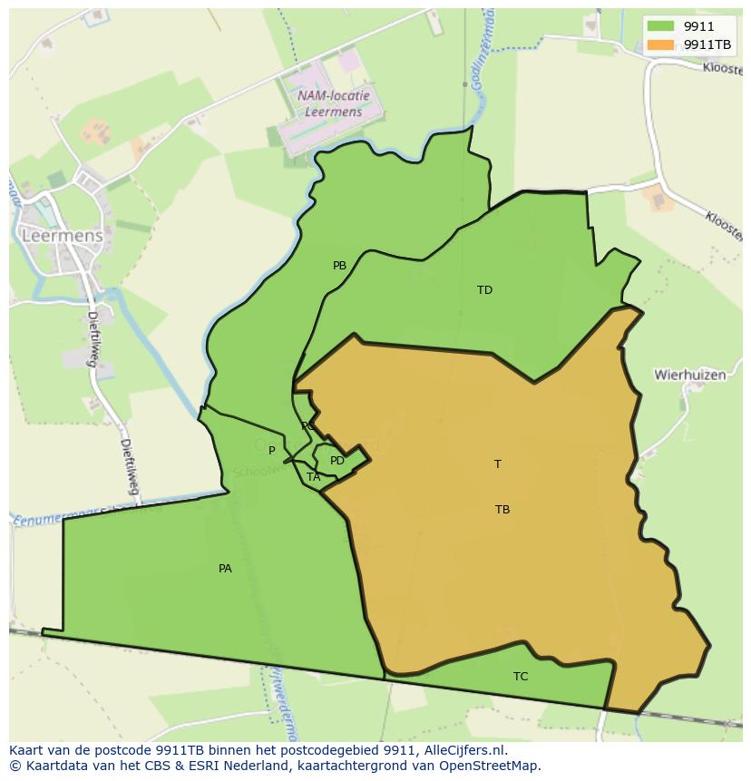 Afbeelding van het postcodegebied 9911 TB op de kaart.