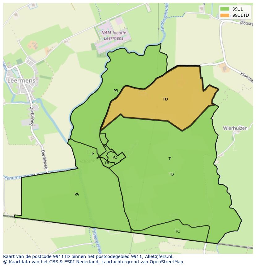 Afbeelding van het postcodegebied 9911 TD op de kaart.