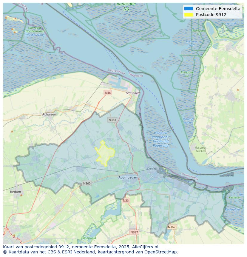 Afbeelding van het postcodegebied 9912 op de kaart.