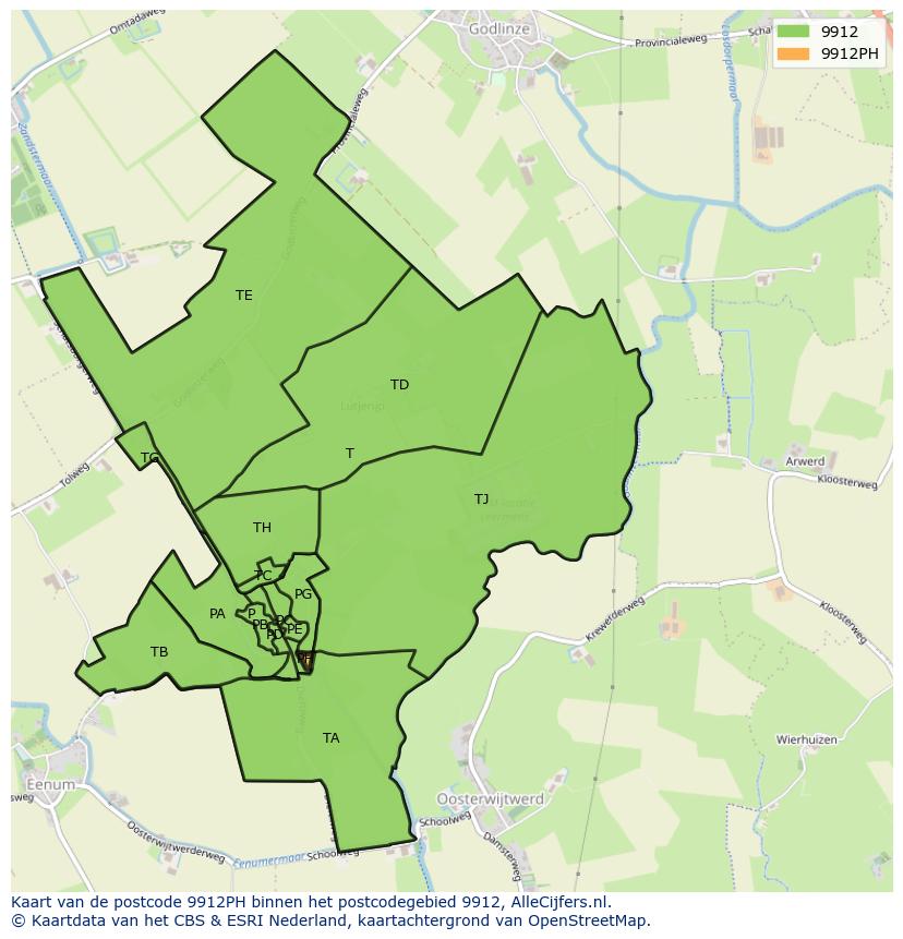 Afbeelding van het postcodegebied 9912 PH op de kaart.