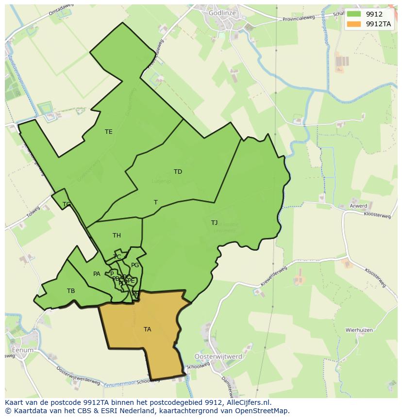 Afbeelding van het postcodegebied 9912 TA op de kaart.