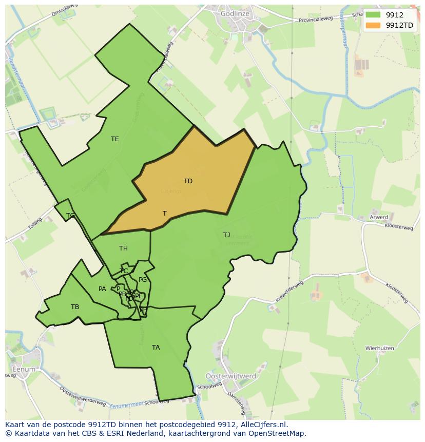 Afbeelding van het postcodegebied 9912 TD op de kaart.
