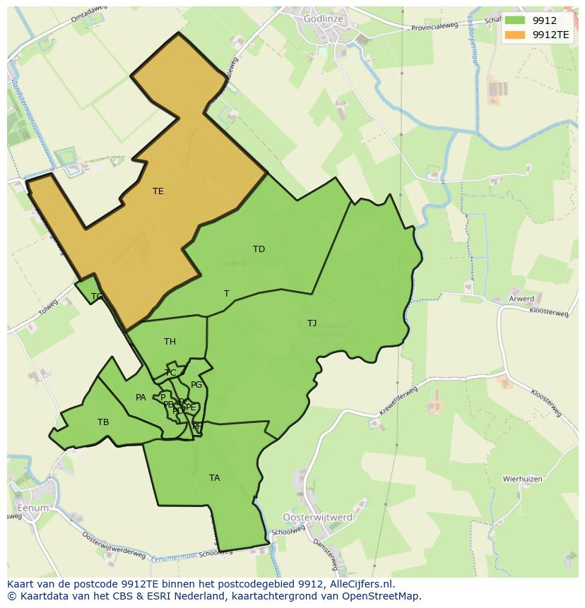 Afbeelding van het postcodegebied 9912 TE op de kaart.
