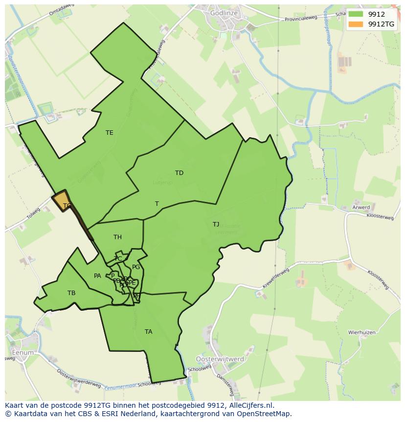Afbeelding van het postcodegebied 9912 TG op de kaart.