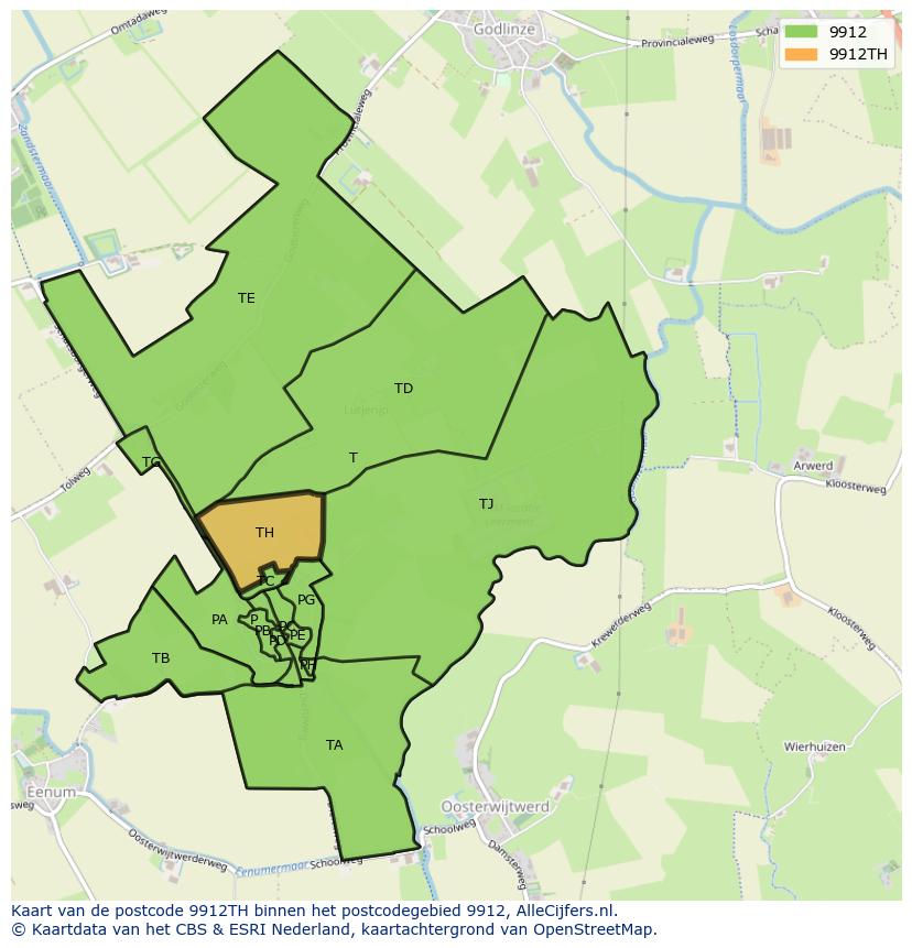 Afbeelding van het postcodegebied 9912 TH op de kaart.