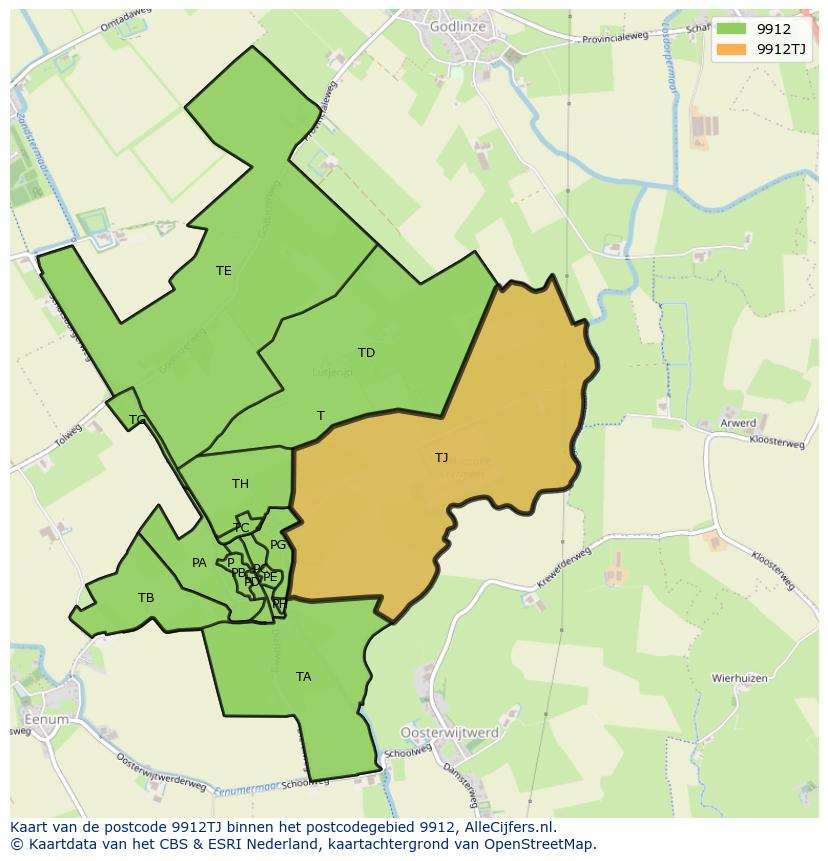 Afbeelding van het postcodegebied 9912 TJ op de kaart.