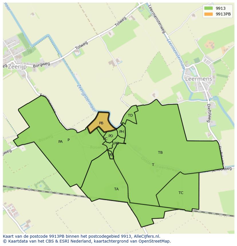 Afbeelding van het postcodegebied 9913 PB op de kaart.