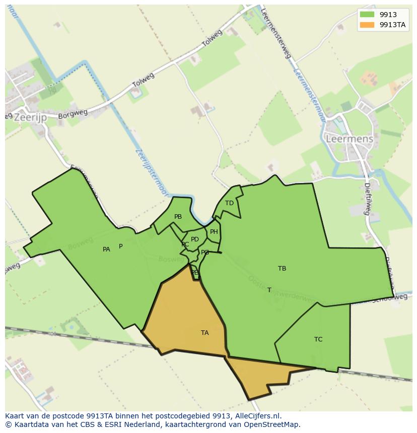 Afbeelding van het postcodegebied 9913 TA op de kaart.