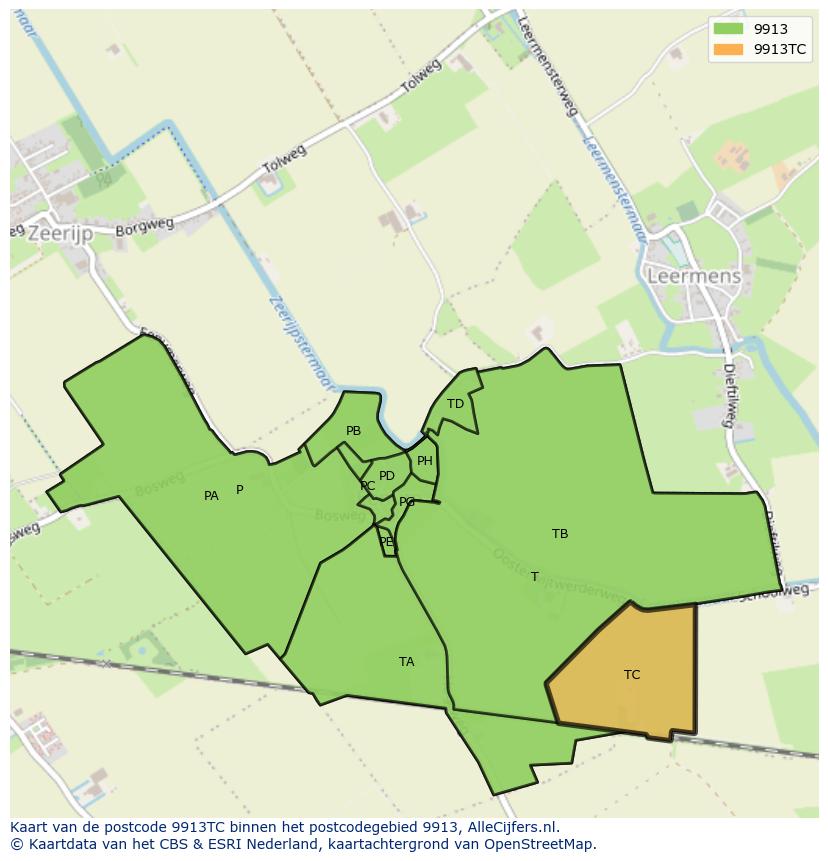 Afbeelding van het postcodegebied 9913 TC op de kaart.