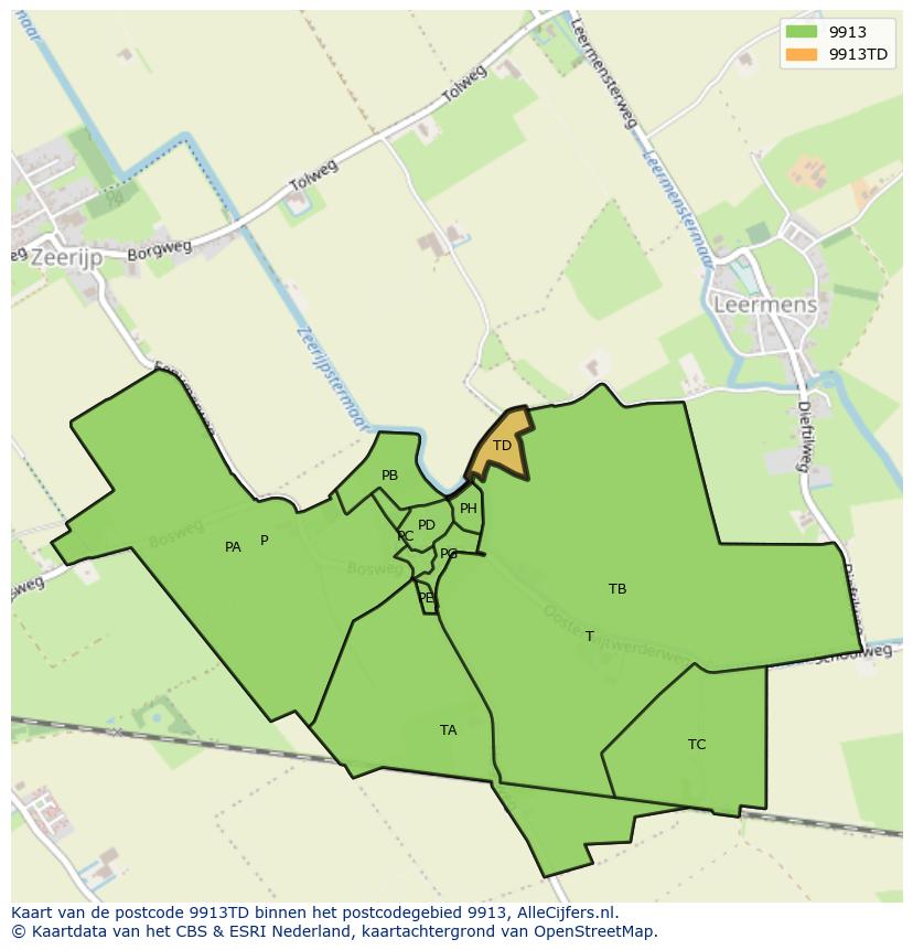Afbeelding van het postcodegebied 9913 TD op de kaart.
