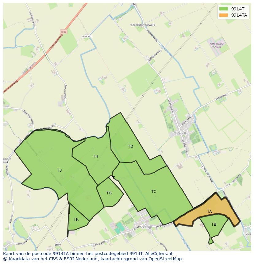 Afbeelding van het postcodegebied 9914 TA op de kaart.