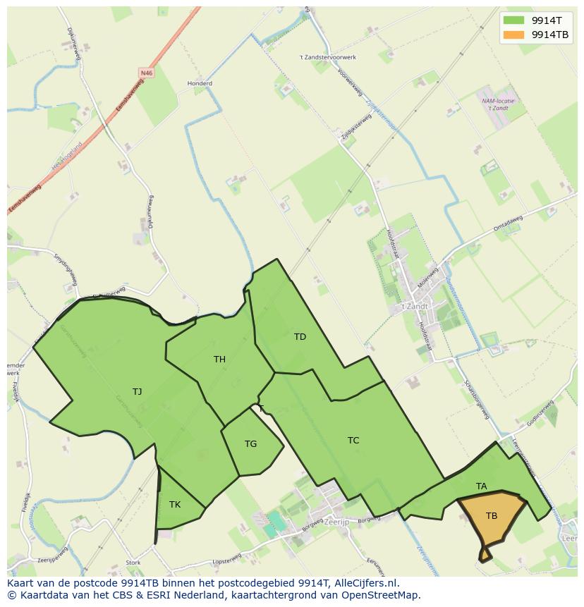 Afbeelding van het postcodegebied 9914 TB op de kaart.