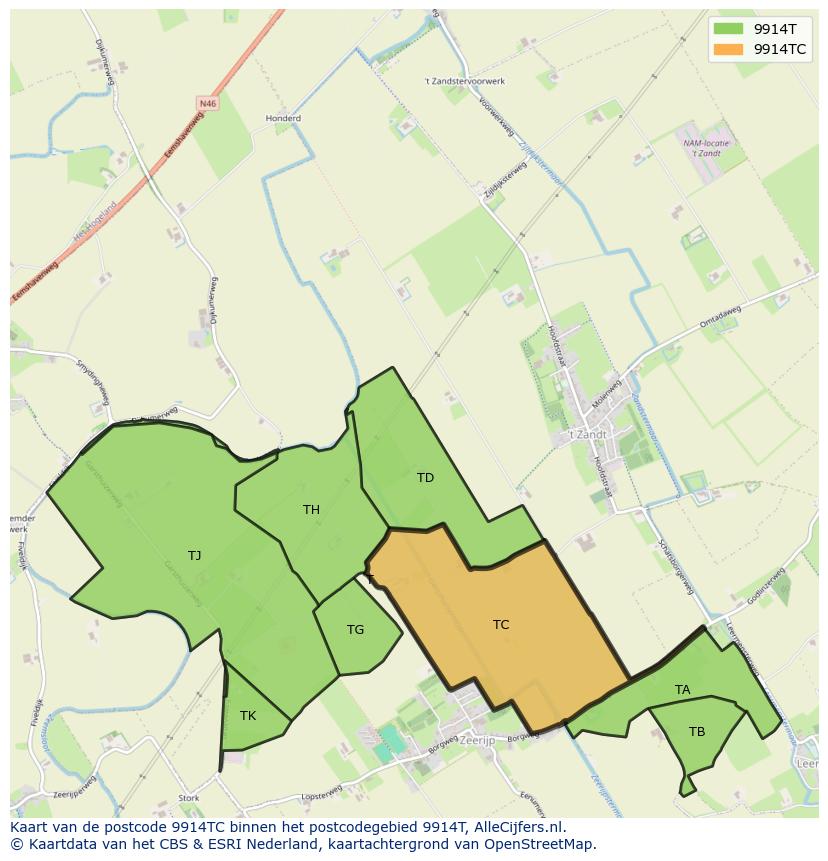 Afbeelding van het postcodegebied 9914 TC op de kaart.