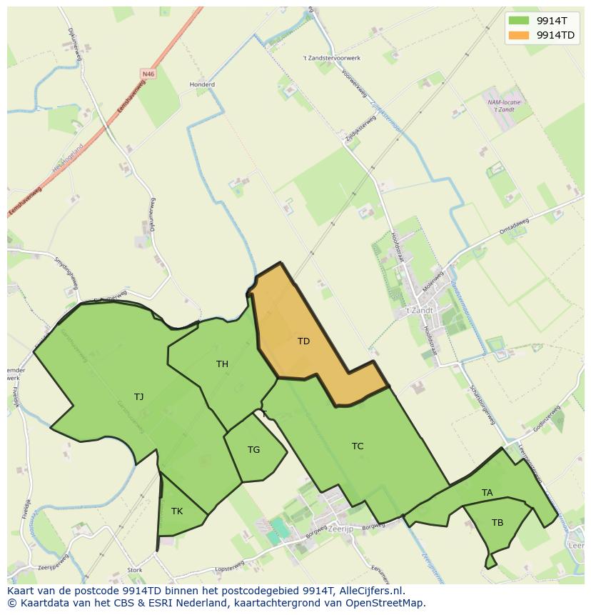 Afbeelding van het postcodegebied 9914 TD op de kaart.