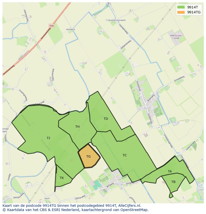 Afbeelding van het postcodegebied 9914 TG op de kaart.