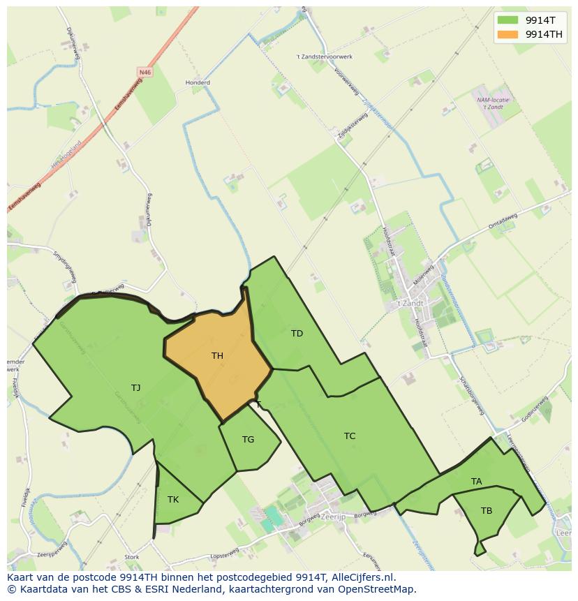 Afbeelding van het postcodegebied 9914 TH op de kaart.