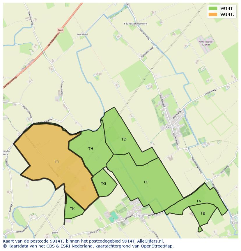 Afbeelding van het postcodegebied 9914 TJ op de kaart.