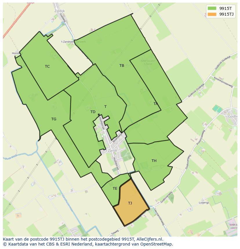 Afbeelding van het postcodegebied 9915 TJ op de kaart.
