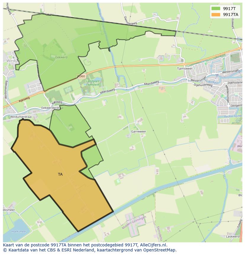Afbeelding van het postcodegebied 9917 TA op de kaart.