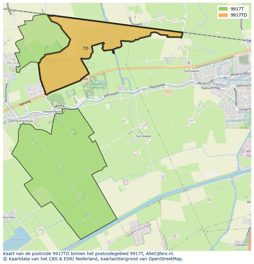 Afbeelding van het postcodegebied 9917 TD op de kaart.