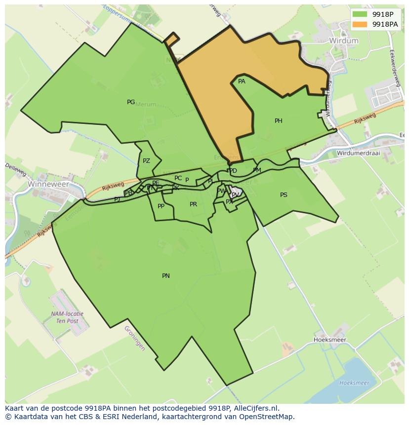 Afbeelding van het postcodegebied 9918 PA op de kaart.