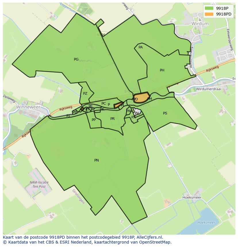 Afbeelding van het postcodegebied 9918 PD op de kaart.