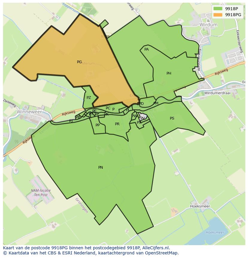 Afbeelding van het postcodegebied 9918 PG op de kaart.