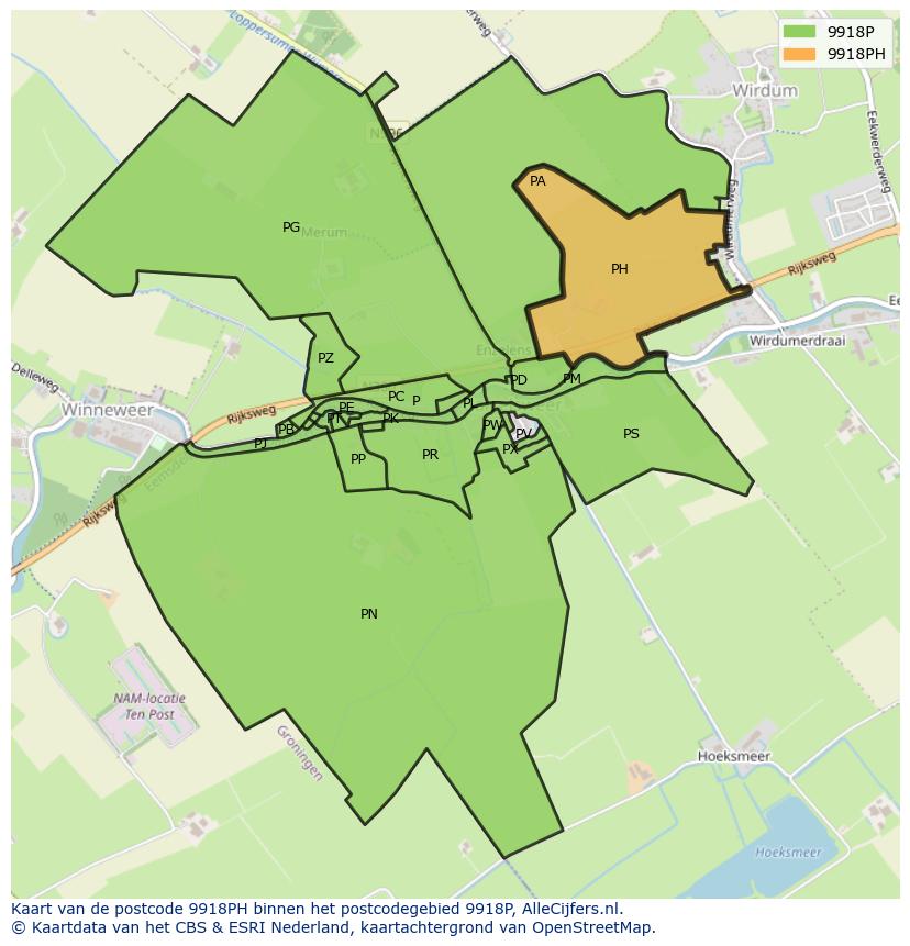 Afbeelding van het postcodegebied 9918 PH op de kaart.