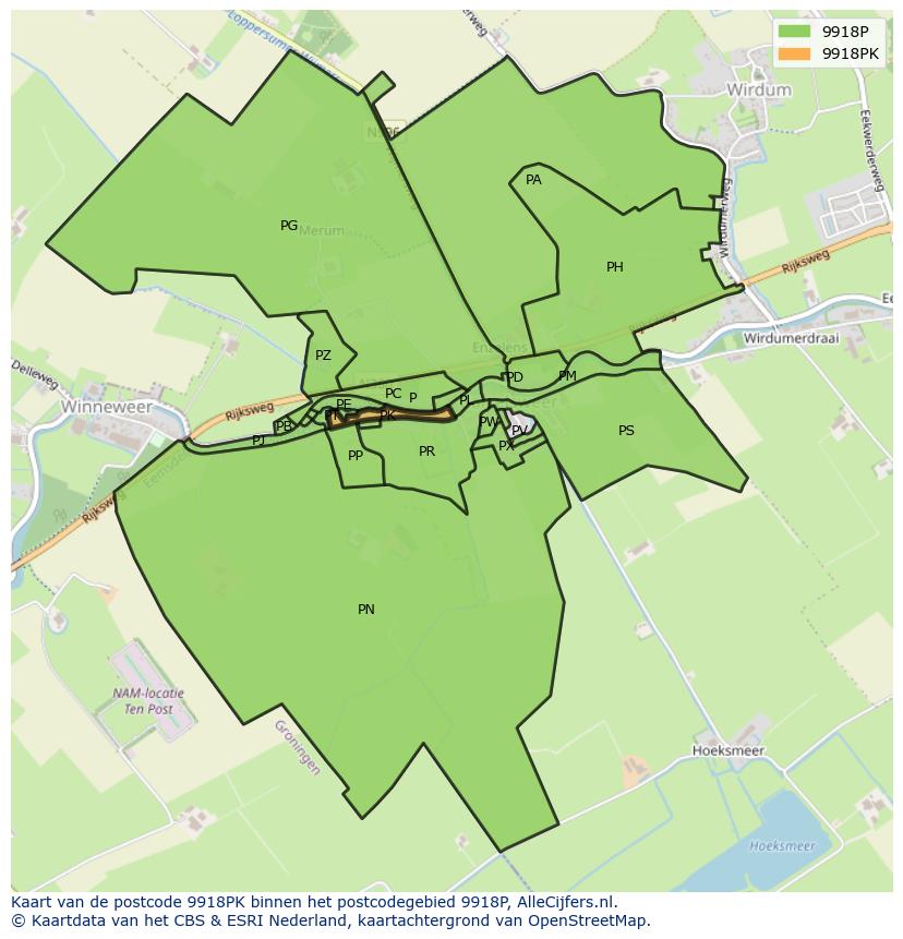 Afbeelding van het postcodegebied 9918 PK op de kaart.