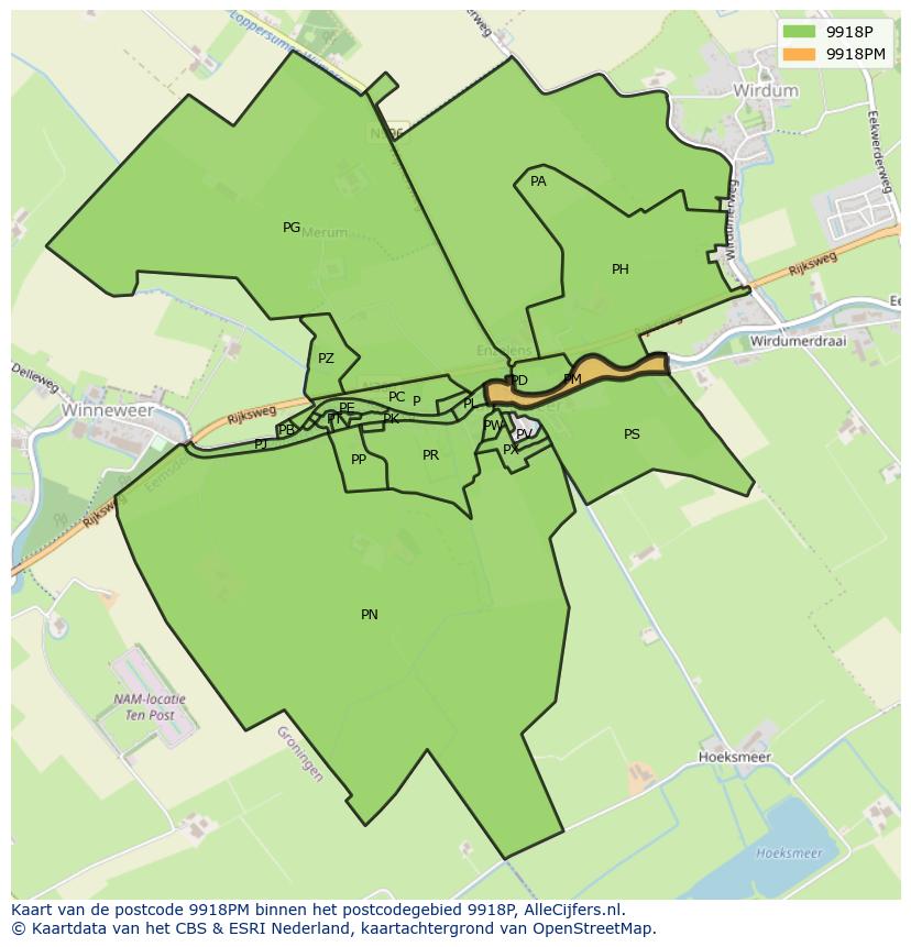 Afbeelding van het postcodegebied 9918 PM op de kaart.
