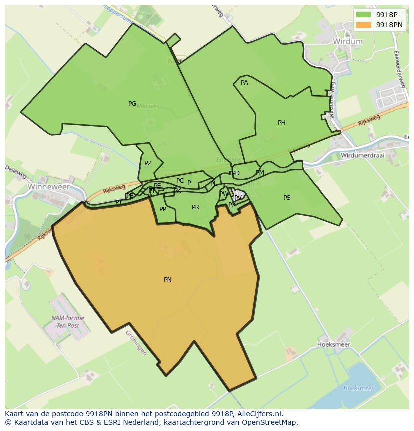 Afbeelding van het postcodegebied 9918 PN op de kaart.