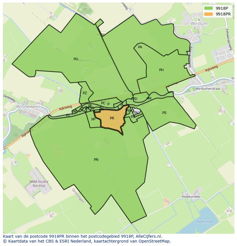 Afbeelding van het postcodegebied 9918 PR op de kaart.