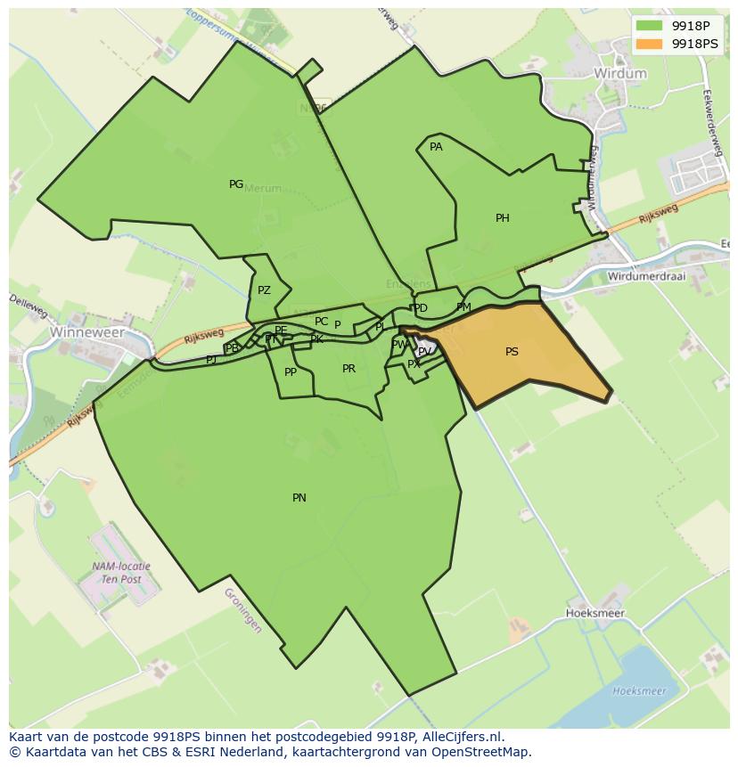 Afbeelding van het postcodegebied 9918 PS op de kaart.