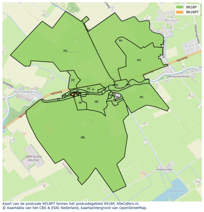 Afbeelding van het postcodegebied 9918 PT op de kaart.