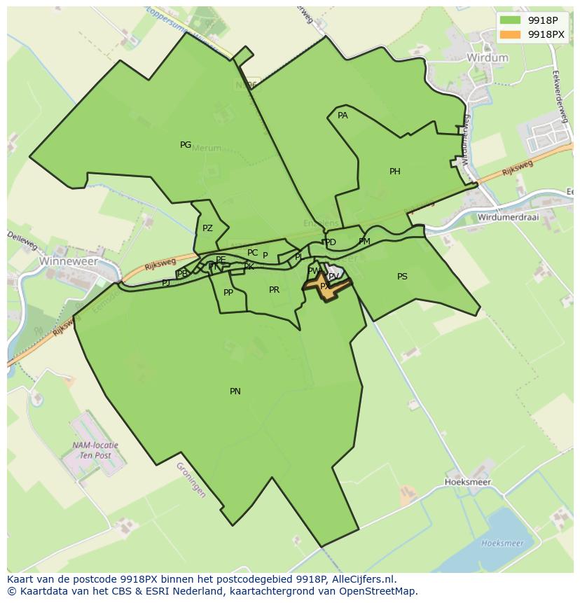 Afbeelding van het postcodegebied 9918 PX op de kaart.
