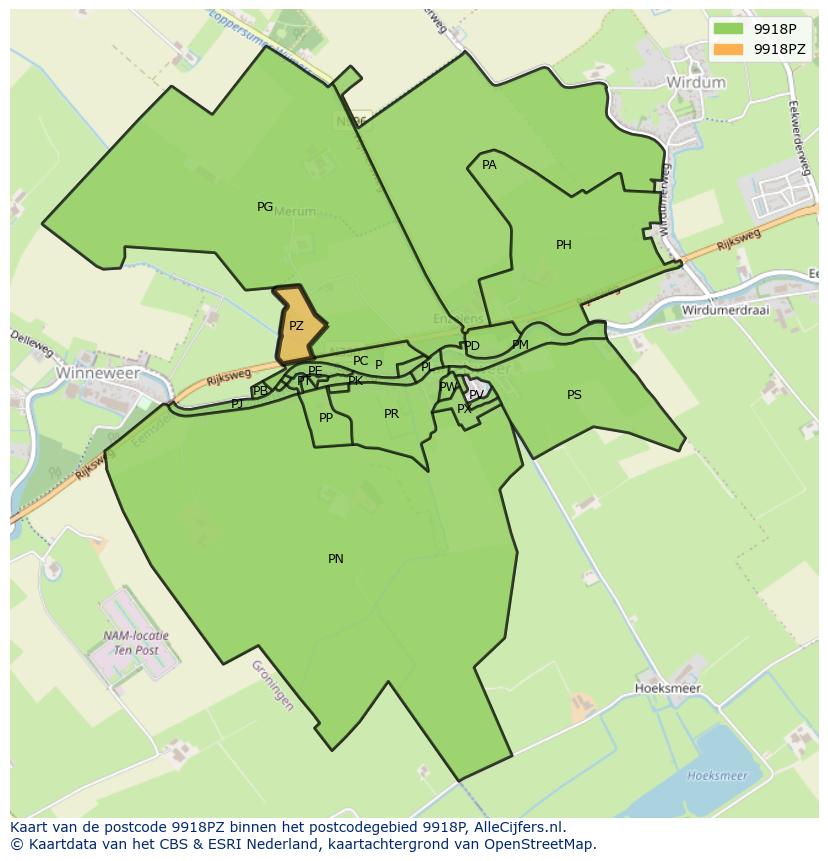 Afbeelding van het postcodegebied 9918 PZ op de kaart.