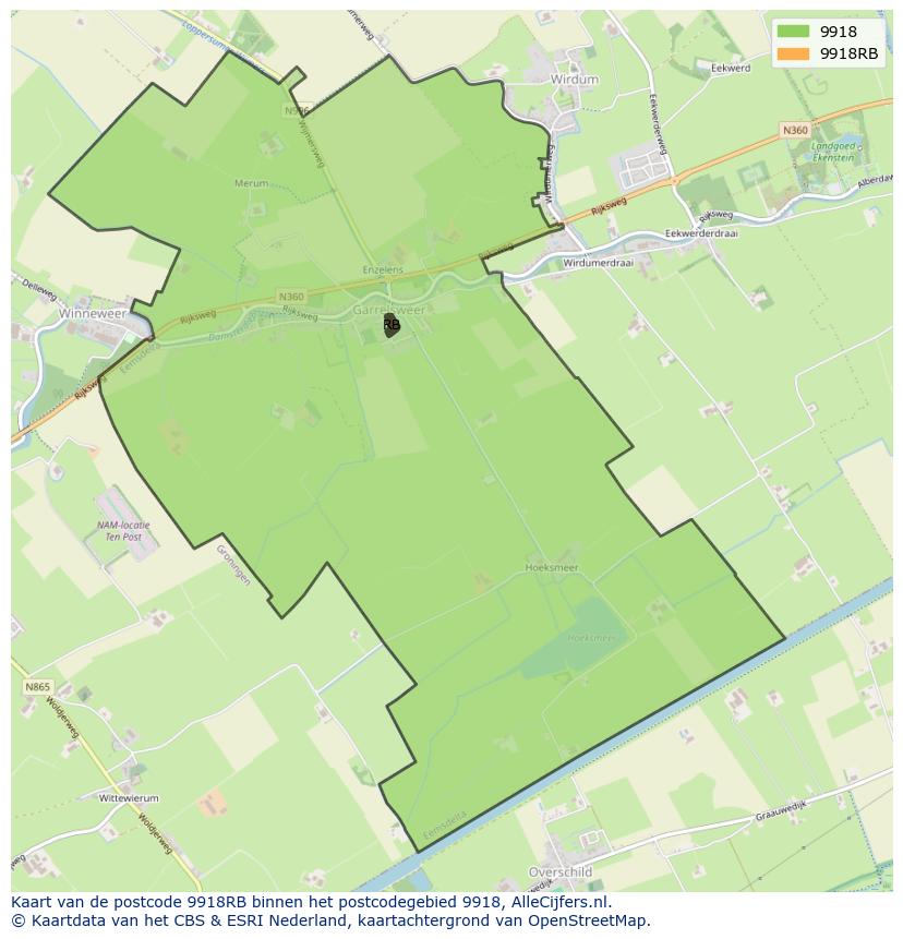 Afbeelding van het postcodegebied 9918 RB op de kaart.