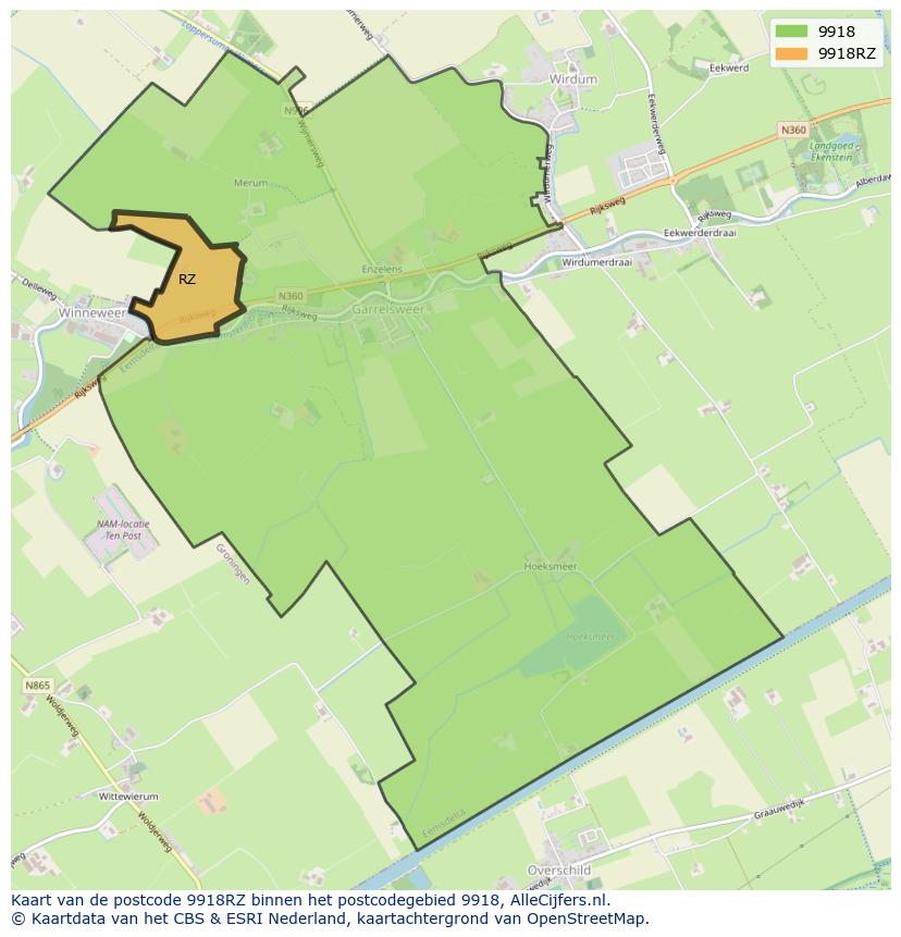 Afbeelding van het postcodegebied 9918 RZ op de kaart.
