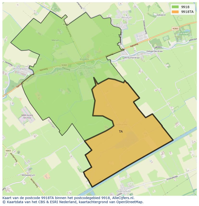 Afbeelding van het postcodegebied 9918 TA op de kaart.