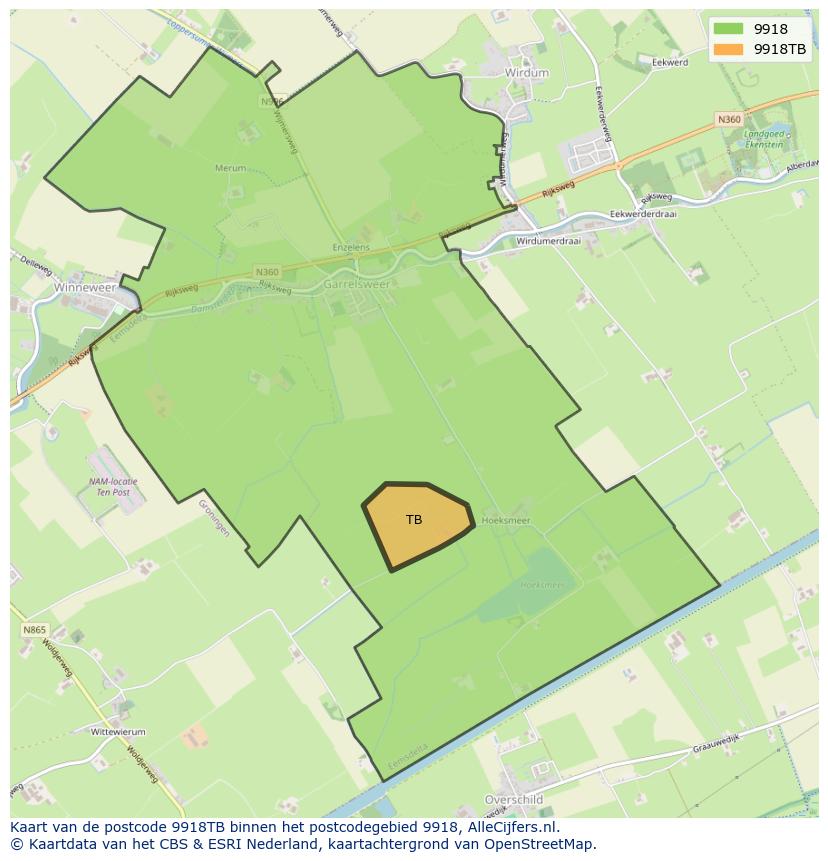 Afbeelding van het postcodegebied 9918 TB op de kaart.