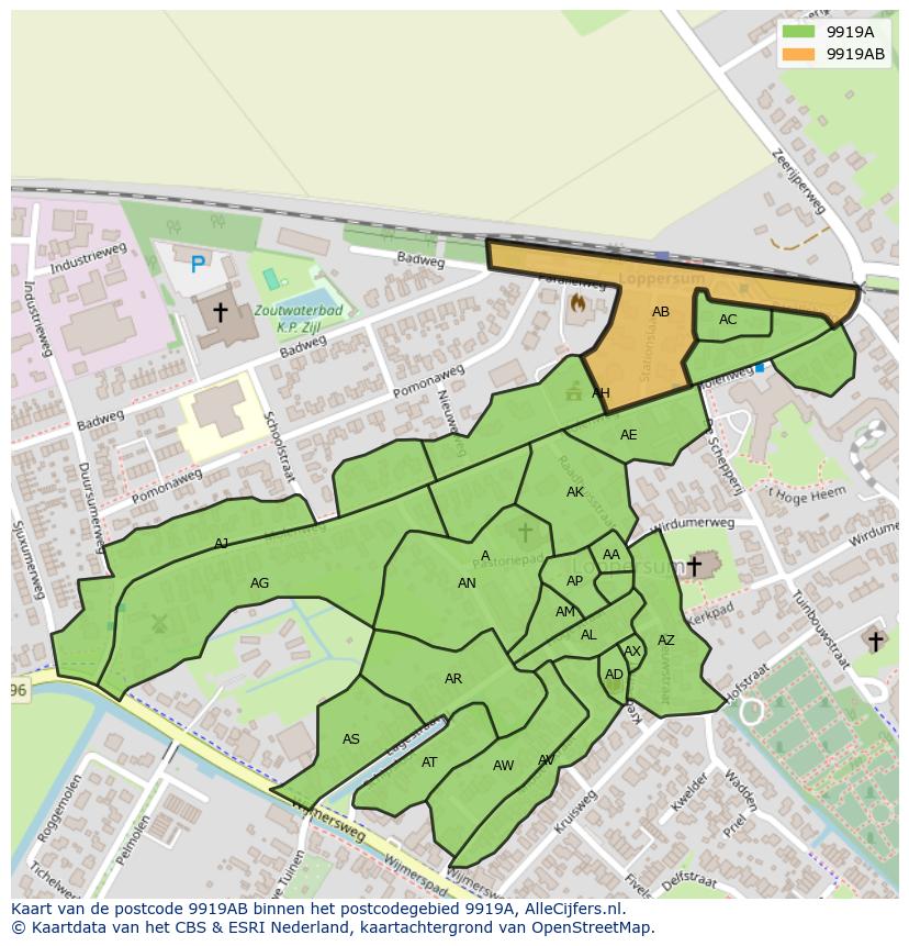 Afbeelding van het postcodegebied 9919 AB op de kaart.
